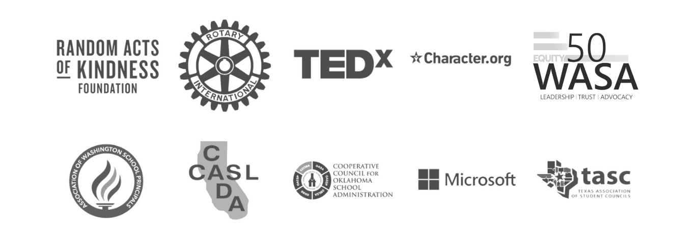 Houston Kraft partners logo images for: Random Acts of Kindness Foundation, Rotary International, TedX, Character.org, Equity 50 WASA (Washington Association of School Administrators), Association of Washington School Principals, CASL - CADA, Cooperative Council for Oklahoma School Administration, Microsoft, and tasc
