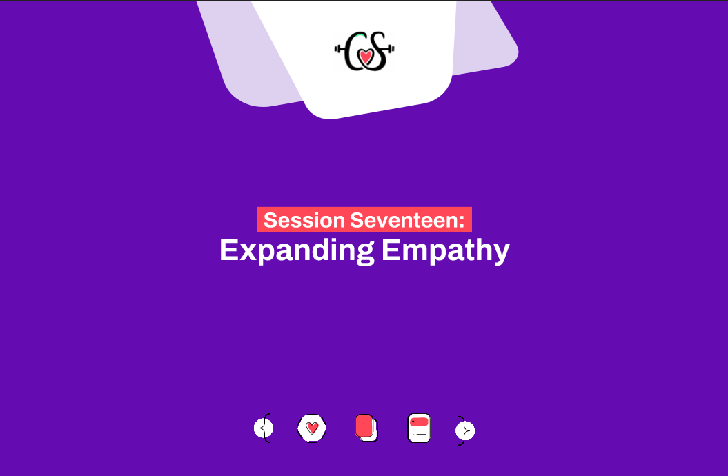 Example CharacterStrong slide that says 'session seventeen: expanding empathy' and features the CS logo