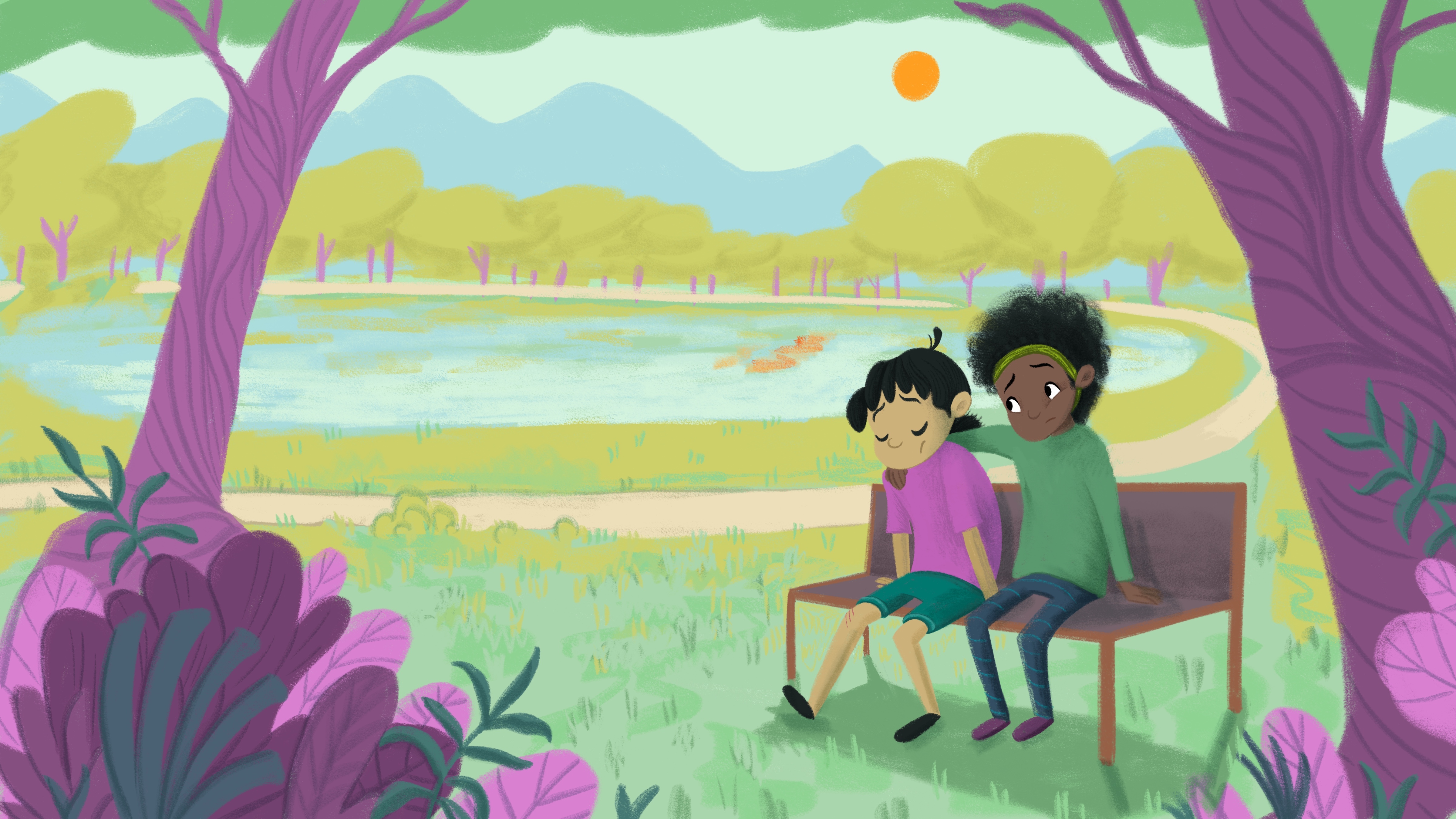 illustration of two kids together on a park bench