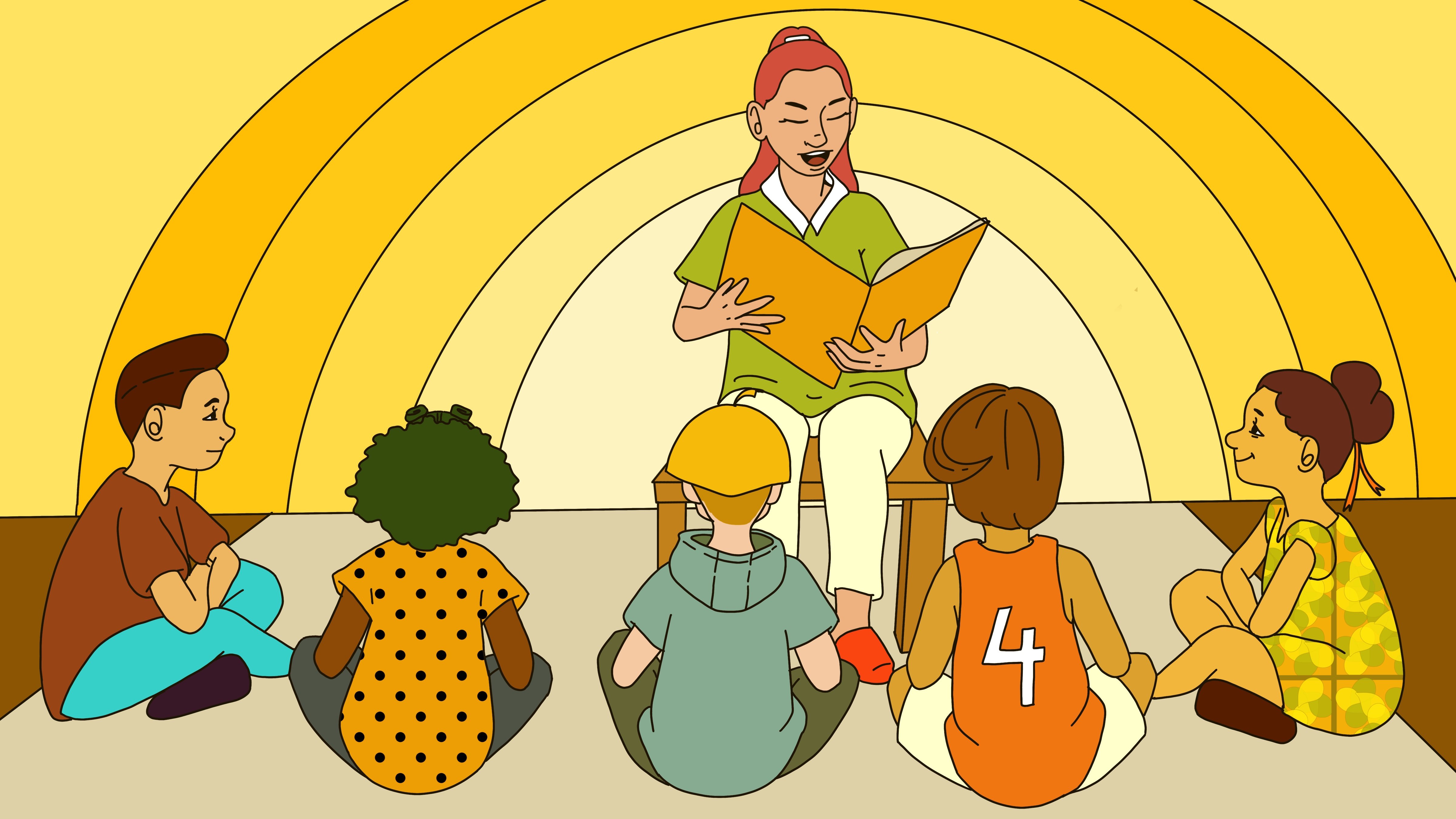 Illustration of teacher reading to her students