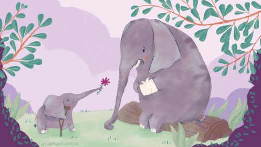 Injured elephants caring for each other. Illustration.